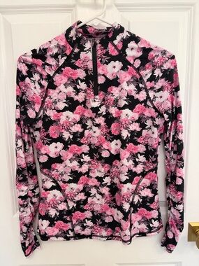 G/Fore Black & Pink Floral Long Sleeve Quarter-Zip Top